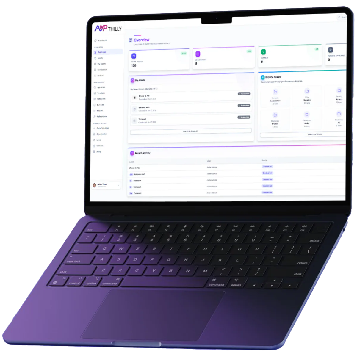 Laptop mockup showing the AMPthilly dashboard with asset overview and navigation