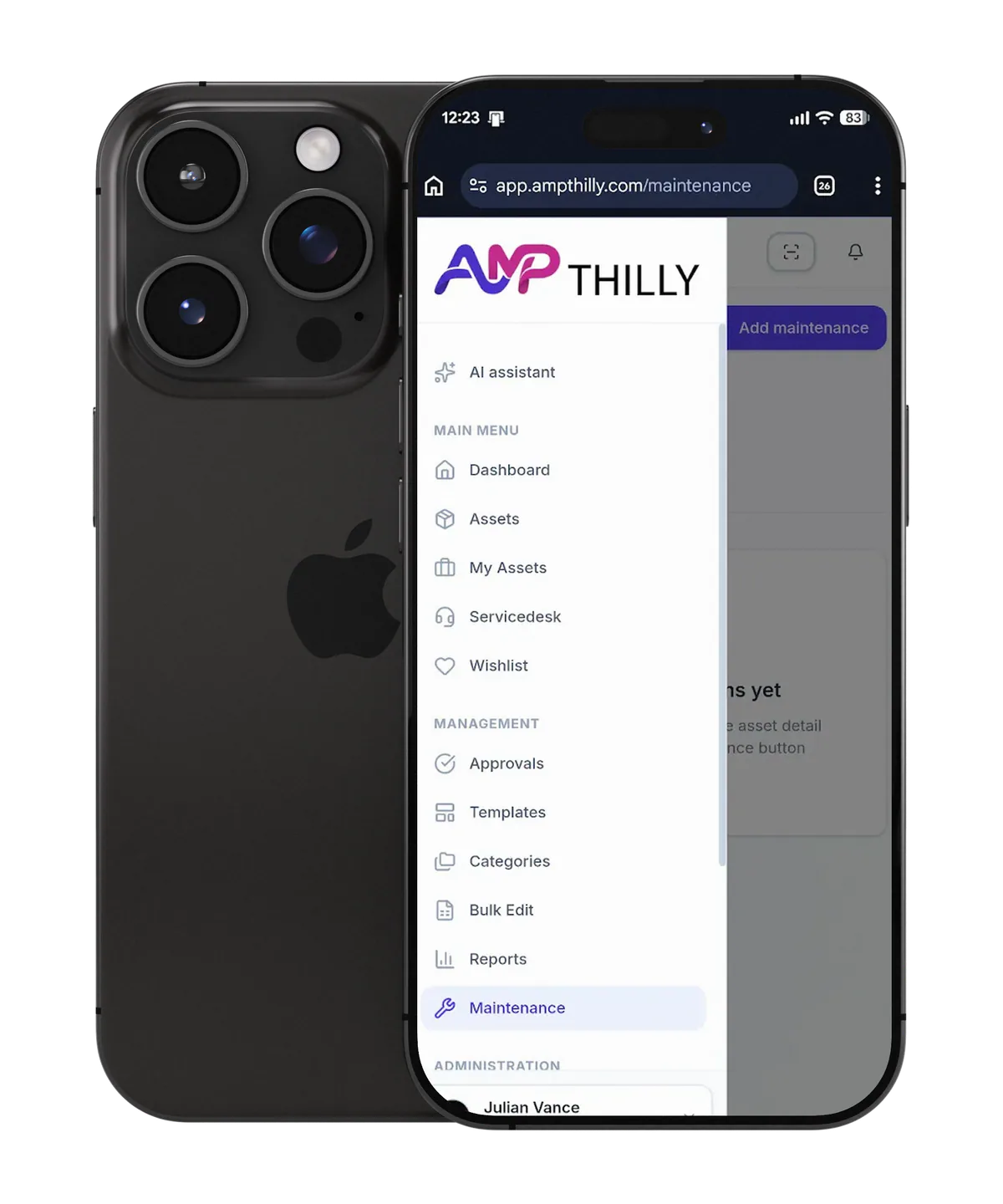 iPhone-Mockup mit der Wartungsverwaltung von AMPthilly in der mobilen Web-App